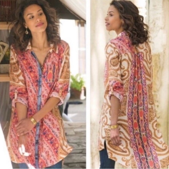 Soft Surrounding Brynn Button Tunic Shirt Floral Paisley Silk Velvet Trim - Picture 3 of 10